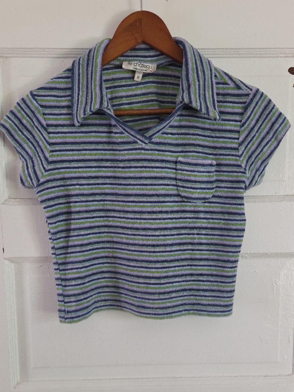 le chateau Striped Polo Crop Top in Blue, Light Blue & Green